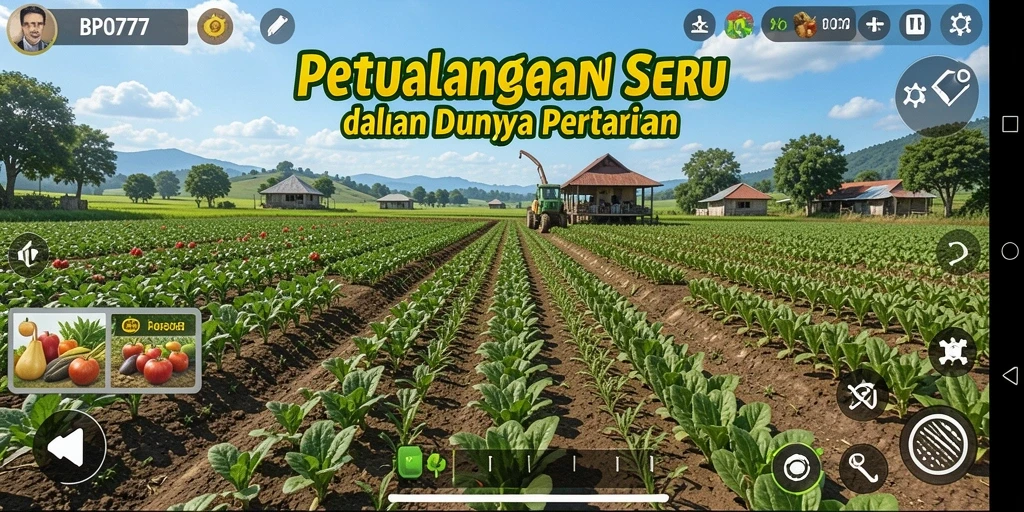 Tampilan gameplay BPO777 dengan lahan pertanian yang luas dan tanaman subur.