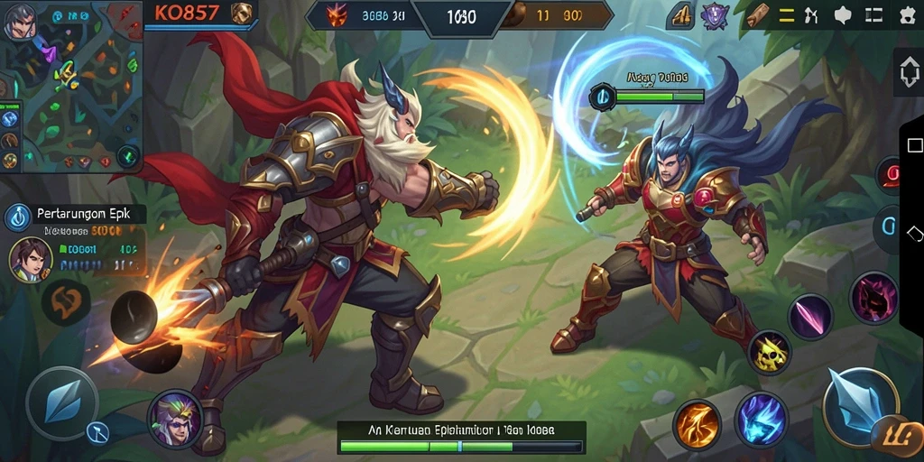 Tangkapan layar gameplay KO857 menampilkan pertarungan tim yang seru.